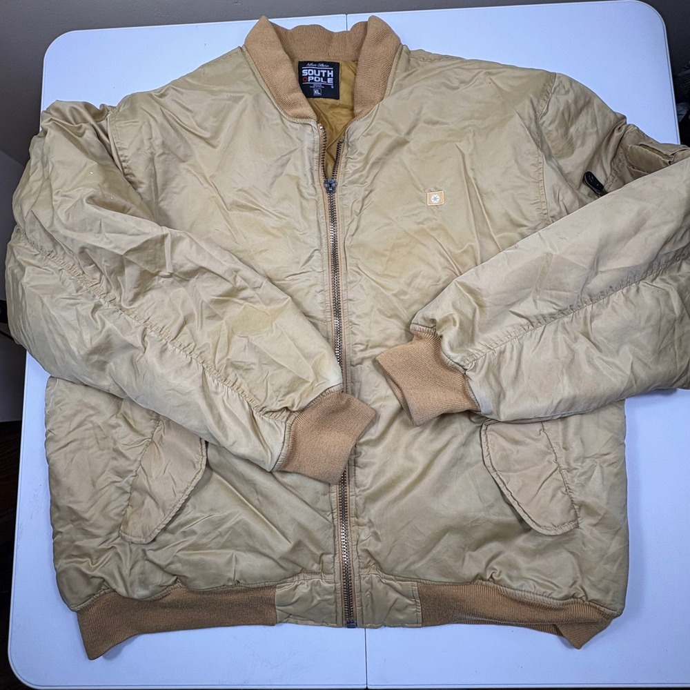 South Pole Y2K Mens Bomber Jacket Tan Khaki Quilted Lined XL